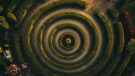 This stunning aerial view showcases a spiral garden maze beautifully designed with vibrant flowers and lush greenery, ideal for relaxation and exploration.の素材