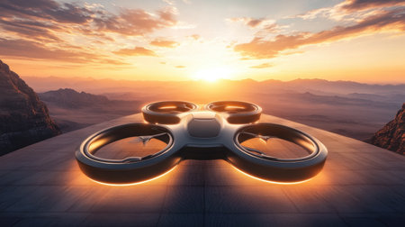 A striking image of a futuristic drone perched on a platform, overlooking a breathtaking mountainous landscape at sunset. The vibrant sky and dramatic clouds create an inspiring scene for technology and adventure enthusiasts.の素材