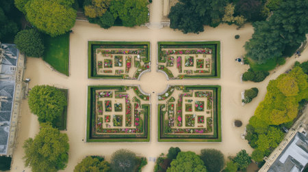 This aerial view captures the stunning symmetry of a garden filled with vibrant flower beds and lush greenery, inviting relaxation and exploration.の素材