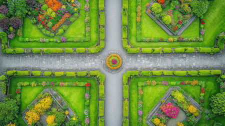 This stunning aerial view showcases beautifully landscaped gardens with vibrant flower beds and symmetrical pathways, capturing the essence of springtime serenity.の素材