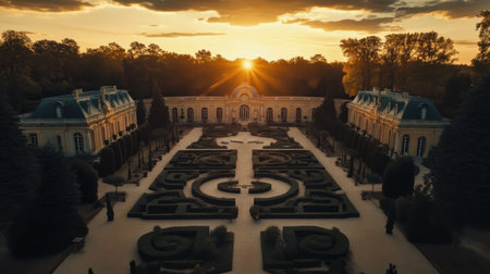 Breathtaking aerial view captures the stunning sunset over elegantly designed gardens and historical architecture, inviting tranquility and exploration.の素材