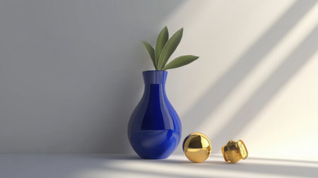 A vibrant blue vase holds lush green leaves, complemented by glossy golden decorative balls, creating a striking visual contrast in a minimalistic setting.の素材