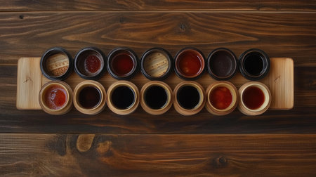 A beautiful arrangement showcasing an assortment of sauces in small wooden cups, perfect for culinary presentations and tastings on a rustic table surface.の素材