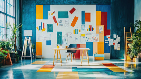 Explore a vibrant creative workspace featuring colorful wall art and modern decor. This inspiring environment enhances productivity and innovation.の素材