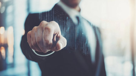 A business professional points decisively at a digital interface displaying data visualization in a modern office environment, symbolizing innovation.の素材