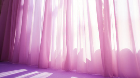 A lovely arrangement of soft pink sheer curtains gently swaying in a warm, sunlit room, creating a serene and inviting atmosphere perfect for relaxation.の素材