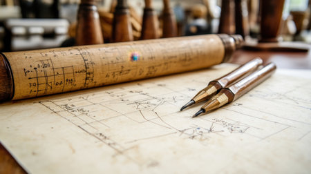 Captivating image of vintage drawing tools resting on a blueprint, showcasing the artistry of architectural design and craftsmanship in a serene workshop setting.の素材