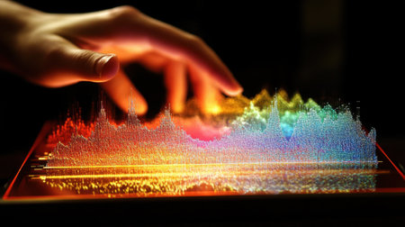 A creative representation of sound waves in vibrant colors, showcasing a hand interacting with a digital display. This image captures the fusion of technology and art.の素材