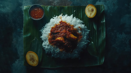 This captivating image showcases a plate of fluffy white rice generously topped with a rich red sauce, garnished with fresh lemon slices, all served on a large green leaf.の素材