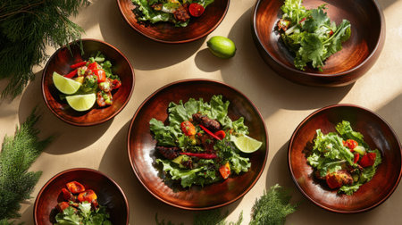 A beautiful arrangement of colorful salad bowls featuring fresh ingredients such as greens, chili, and lime on a rustic table setting. Perfect for healthy eating.の素材