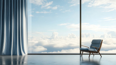 Bright and airy room featuring a modern chair beside a large window, showcasing a breathtaking view of soft clouds against a serene sky. Perfect for relaxation.の素材