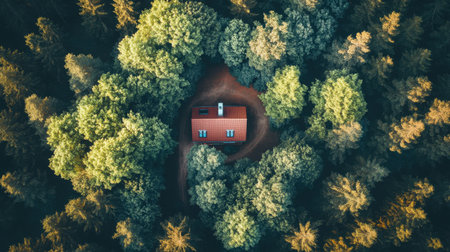 This stunning aerial photograph captures a serene house nestled amidst a vibrant forest, offering a peaceful escape into nature's beauty.の素材