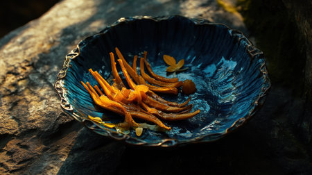 A beautifully presented plate featuring gourmet caramelized vegetables, illuminated by natural light. The rustic background enhances the artistic feel, making it perfect for culinary themes.の素材