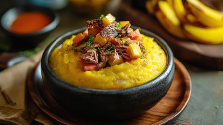 A beautifully presented traditional dish featuring creamy cornmeal topped with savory beef, fresh tomatoes, and spices. Accompanied by ripe bananas and a spicy sauce, this meal offers a burst of flavor and warmth, perfect for any gathering or mealtime.の素材