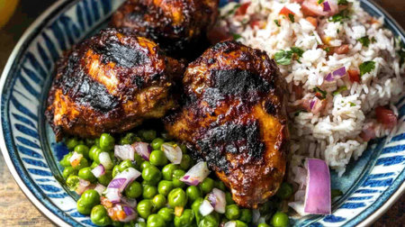 This image showcases a delicious meal featuring grilled chicken thighs served with aromatic rice, fresh peas, and a vibrant salsa, beautifully arranged on a decorative plate.の素材