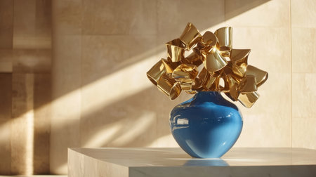 A blue vase showcases a striking arrangement of shiny gold decorative elements, creating a visually captivating centerpiece in a serene setting.の素材