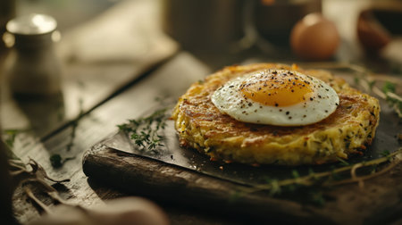 A mouthwatering breakfast scene showcasing a crispy potato cake topped with a perfect sunny side up egg, surrounded by fresh herbs and rustic kitchen decor.の素材