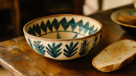 A beautifully crafted ceramic bowl featuring intricate green fern patterns, perfect for serving food or displaying on a wooden table as decor.の素材