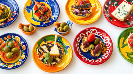 A vibrant display of grilled dishes presented on traditional plates, featuring fresh ingredients like vegetables, cheese, and olives, perfect for sharing.の素材