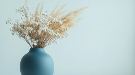 This image features a beautiful arrangement of dried flowers in a minimalist blue ceramic vase, perfect for adding a touch of elegance and tranquility to any home decor setting.の素材