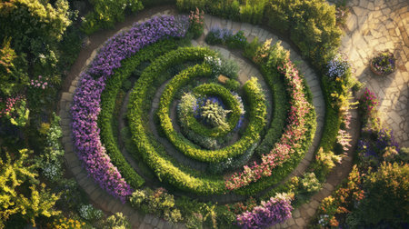 An aerial perspective of a beautifully designed spiral garden filled with vibrant flowers and lush greenery, featuring winding pathways that invite tranquility.の素材