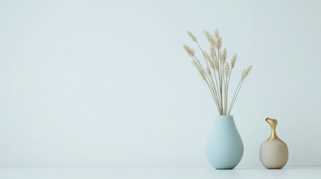 This image captures a minimalist arrangement featuring dried grass in a soft blue vase and an elegant beige vase, showcasing a serene and modern aesthetic.の素材