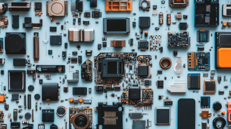 Close-up view of a detailed arrangement of various electronic components and circuit boards, showcasing a modern technology theme with rich textures and patterns.の素材