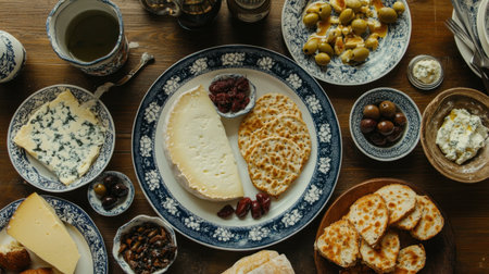 An inviting rustic table brimming with an array of cheeses, crackers, olives, and dried fruits, perfect for a gourmet meal gathering or casual entertaining.の素材