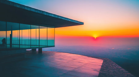 A stunning view of a serene sunset over a modern glass building, showcasing vibrant colors in the sky and a peaceful landscape. The tranquil scene invites reflection and admiration of nature's beauty.の素材