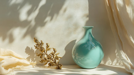 A serene still life composition featuring a turquoise vase alongside golden foliage, draped fabric, and soft shadows, creating a peaceful ambiance.の素材