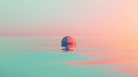 A captivating abstract scene featuring a floating sphere on calm water, reflecting soft pastel colors during sunset, creating a tranquil and serene atmosphere.の素材