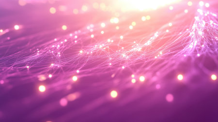 This mesmerizing abstract background features glowing particles and intricate lines in vibrant purple tones, symbolizing digital technology and creativity.の素材