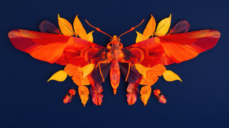 This captivating image showcases a vibrant abstract moth surrounded by colorful floral elements, blending art and nature in a stunning display of colors.の素材