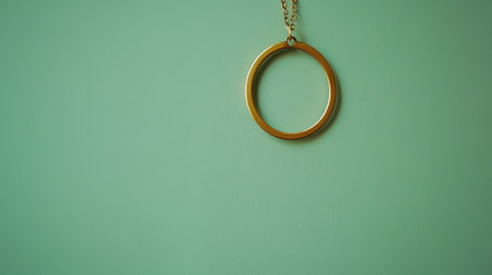 This image features an elegant gold necklace pendant suspended against a subtle light teal background, emphasizing a minimalist jewelry design aesthetic.の素材
