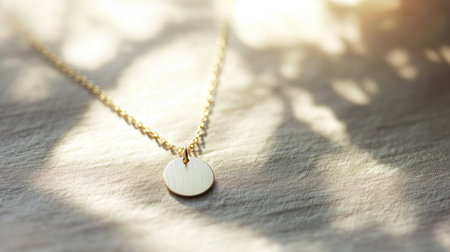 This image features a stunning gold necklace with a simple round pendant, resting on a soft fabric surface, beautifully illuminated by natural light, showcasing elegance.の素材