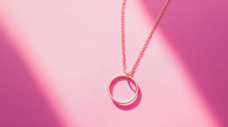This image features a sophisticated gold necklace with a circular pendant set against a soft pink background, perfect for fashion and jewelry promotion.の素材