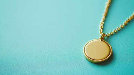 This stunning image features a shimmering gold necklace with a classic round pendant, elegantly displayed against a vibrant turquoise backdrop, perfect for fashion enthusiasts.の素材