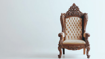 A beautifully crafted vintage armchair featuring intricate carvings and plush fabric, set against a simple background, perfect for enhancing interior spaces.の素材