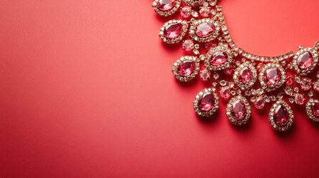 This stunning necklace showcases exquisite red gemstones and intricate details against a bold red background, perfect for fashion inspiration and design use.の素材