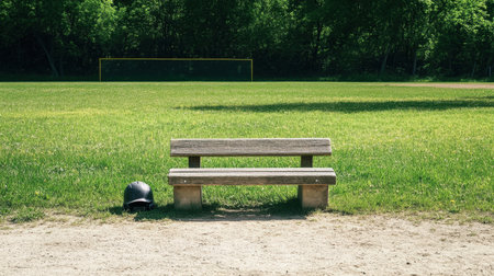 A serene scene of an empty bench beside a helmet on a grassy baseball field, perfect for capturing the essence of sports, teamwork, and outdoor recreation.の素材