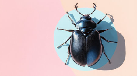 Stunning close-up image featuring a black beetle on a pastel-colored background, showcasing intricate details, unique textures, and captivating light and shadow play.の素材