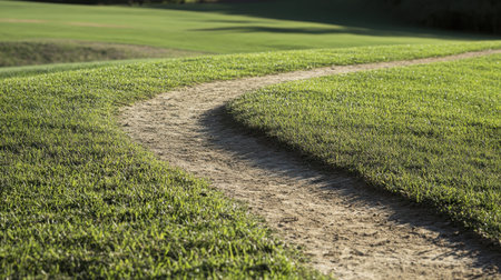 A serene curved dirt path winds through vibrant green grass, set in a natural outdoor environment ideal for relaxation, walking, and exploration.の素材