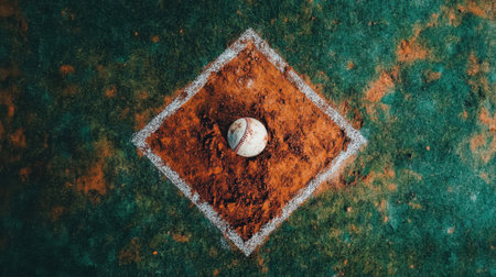 Aerial view of a baseball resting on a pitcher's mound, surrounded by a vibrant green field. The contrast between dirt and grass highlights the excitement of the game.の素材