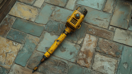 An industrial yellow jackhammer lies on a textured stone surface, showcasing wear and tear from extensive use in construction and demolition projects.の素材