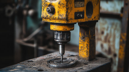 A close-up view of a vintage drill press showcasing its rustic yellow paint and worn textures, emphasizing the charm of industrial craftsmanship.の素材