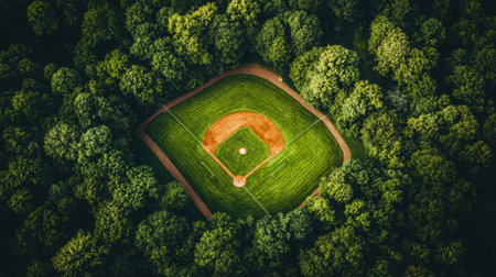 Discover the serene beauty of a baseball field nestled in a vibrant green forest. This aerial view captures the essence of nature and sports in perfect harmony.の素材