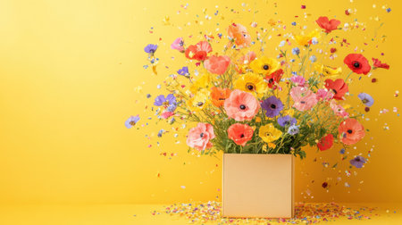 A stunning arrangement of vibrant flowers in a cardboard box, with colorful petals scattered against a bright yellow backdrop, perfect for celebrations and decor.の素材