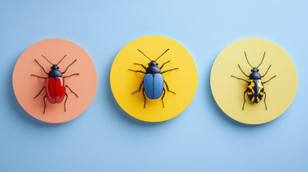 This captivating image features three vibrant beetles displayed on colorful circular backgrounds, showcasing their unique colors and patterns. Perfect for educational and artistic projects.の素材