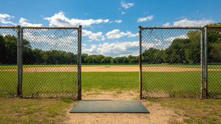 An inviting view through an open gate leading to a serene baseball field. The bright blue sky and fluffy clouds create a tranquil scene perfect for leisure activities.の素材