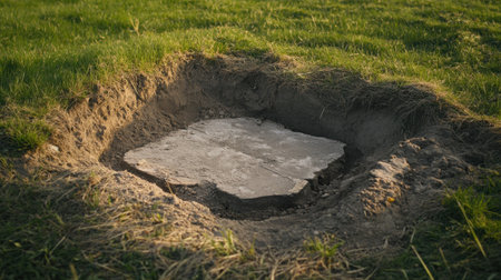 A freshly excavated hole reveals a flat stone slab amidst the earthy soil, surrounded by vibrant green grass, showcasing a serene outdoor setting.の素材